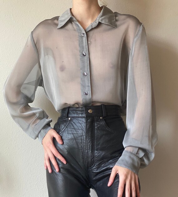 Vintage sheer gray organza blouse, wide sleeve, si