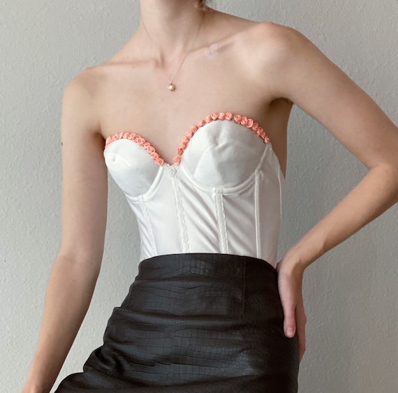 Vintage reworked white bustier with peach roses, s