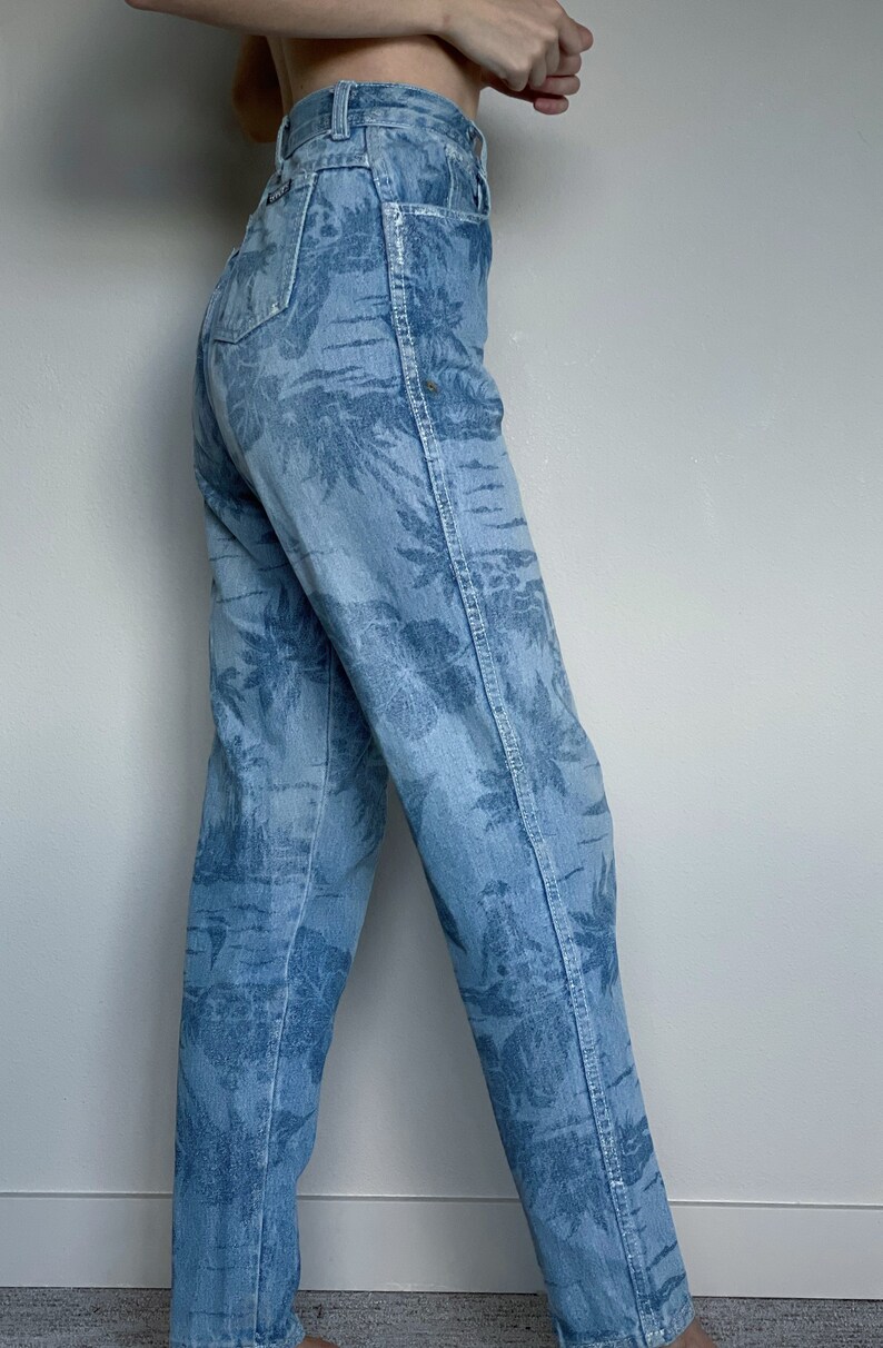 Vintage Blue Floral Jeans High Waist Straight Leg Size 26 Etsy