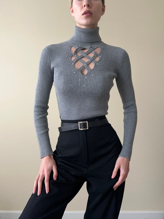 90s gray ribbed turtleneck sweater, cut out, size… - image 2