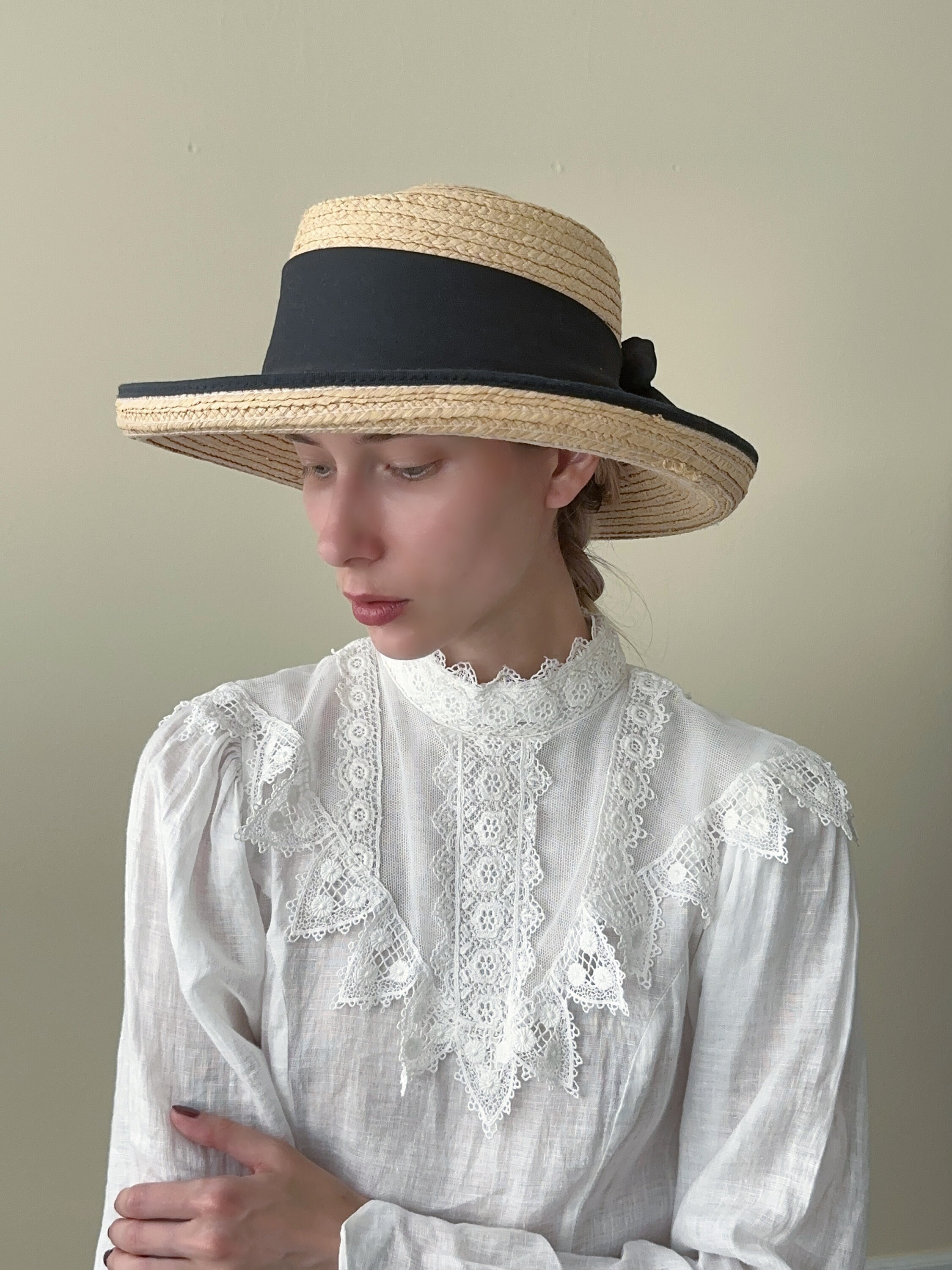 Vintage Elegant Straw Hat Black Ribbon Cottage Core Size S M