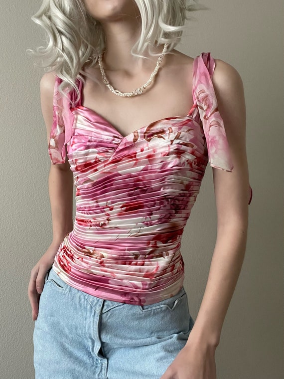 Vintage pleated silk floral bustier top, size S #… - image 1