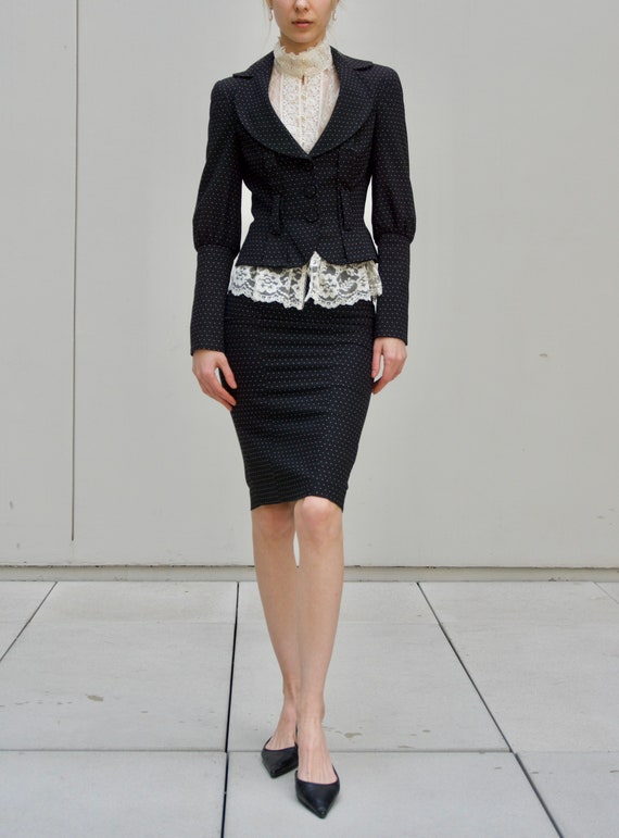 Vintage Bebe black skirt suit, polka dot, mutton s