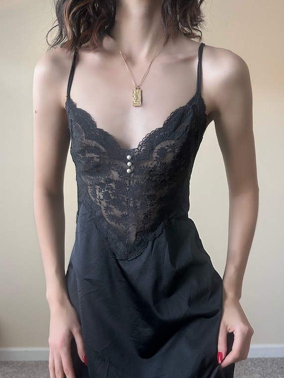 Vintage black lace silky gown, size L - image 1