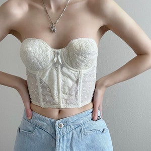 Vintage 50s ivory lace, embroidered bustier, 36B #10238