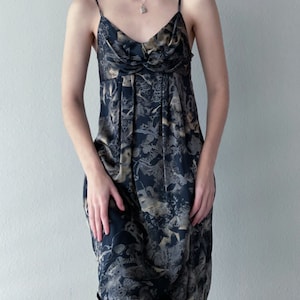Vintage Galliano silk slip dress, black gold silver, sculls print, size small