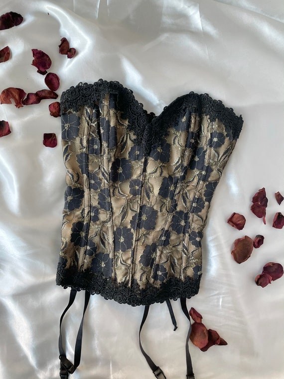 Vintage black and gold lace corset, size 34