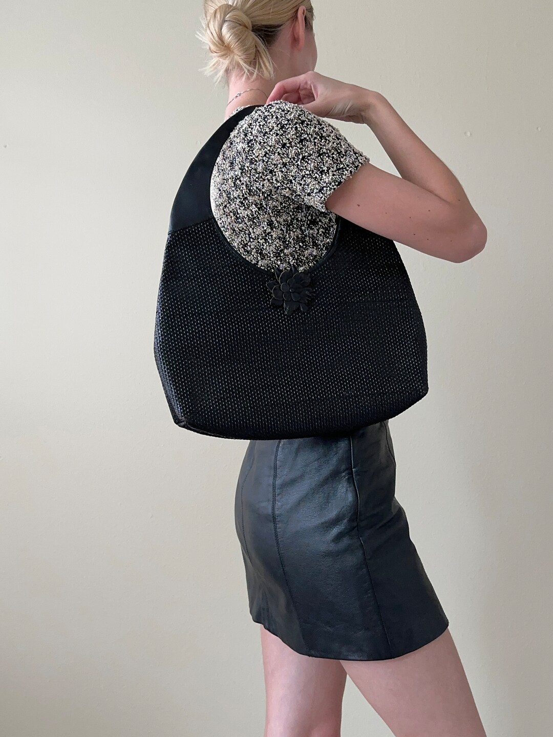 Vintage Paolo Masi Black Woven Leather Shoulder Bag Made in Italy 