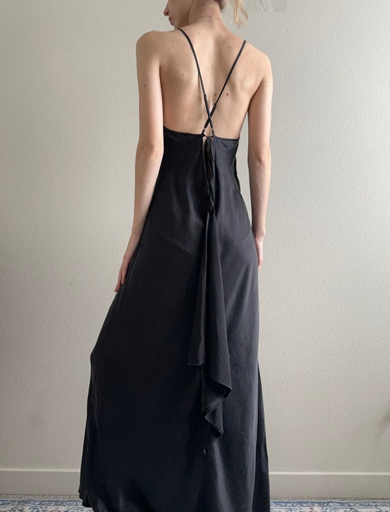 90s black silk open back slip dress, size L #10022