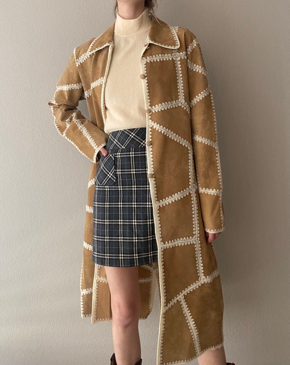 Vintage suede patchwork camel light coat, size lar