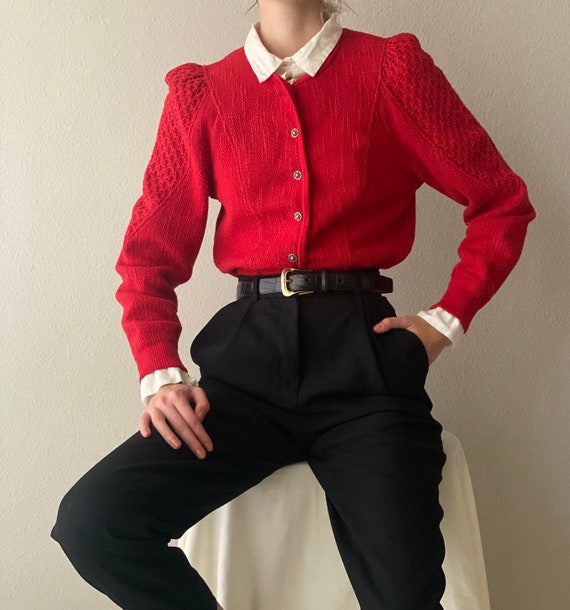 Vintage red wool cotton cardigan, puff sleeve, siz