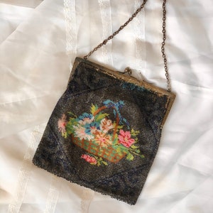 Antique hand beaded purse on a metal chain, flower basket motif #10030