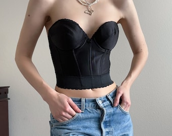 Vintage classic black silky bustier, sizes 34, 36, 38 #10226