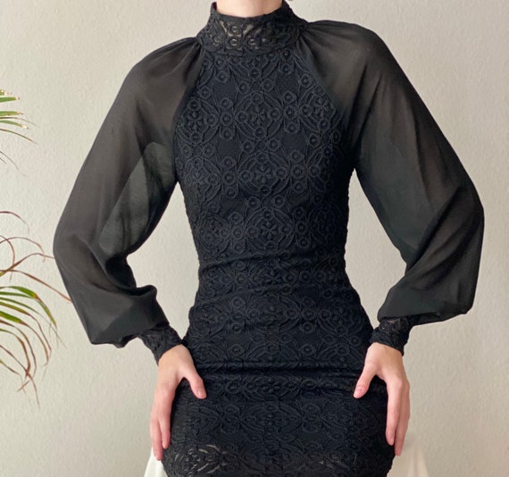 Vintage black lace dress, sheer poet sleeve, size
