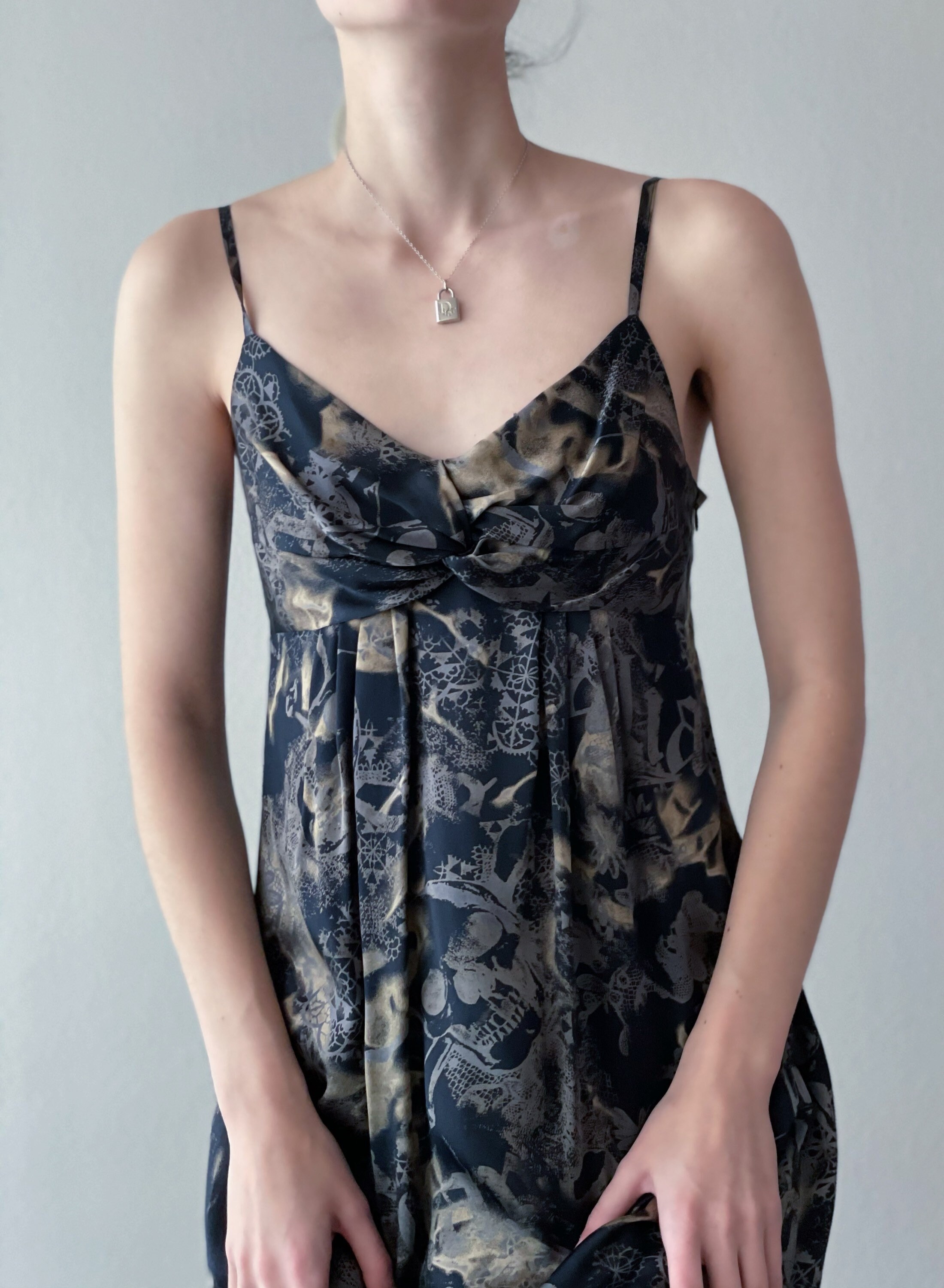 Vintage Galliano silk slip dress, Black gold silver, sculls print, size small Vintage Galliano silk slip dress, Black gold silver, sculls print, size small