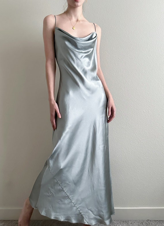 90s silver liquid silk open back slip dress, size 