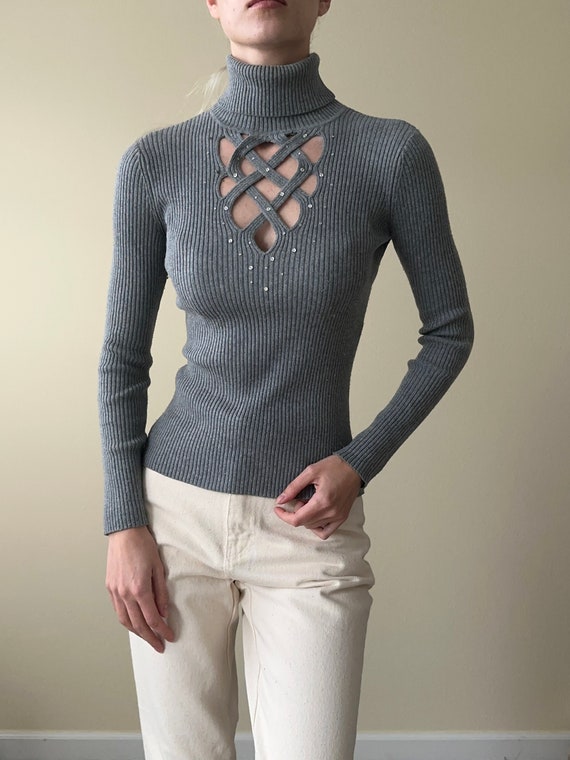 90s gray ribbed turtleneck sweater, cut out, size… - image 1