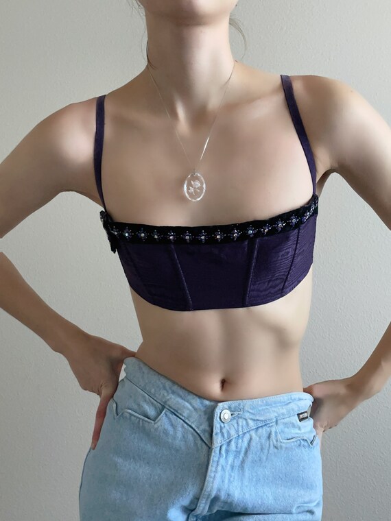 Vintage dark purple crystal embellished boned bra… - image 3