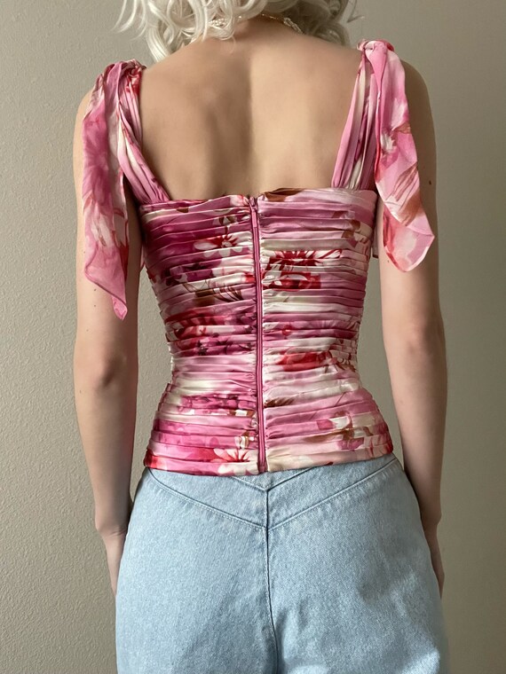 Vintage pleated silk floral bustier top, size S #… - image 5