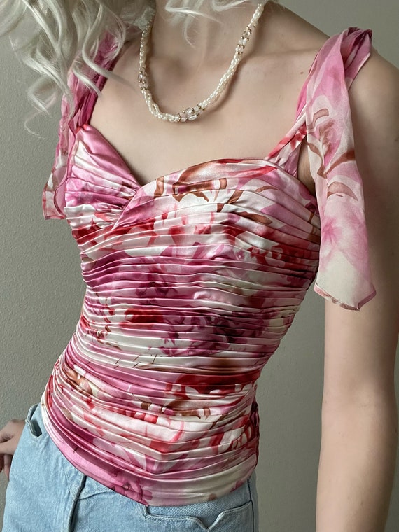 Vintage pleated silk floral bustier top, size S #… - image 4