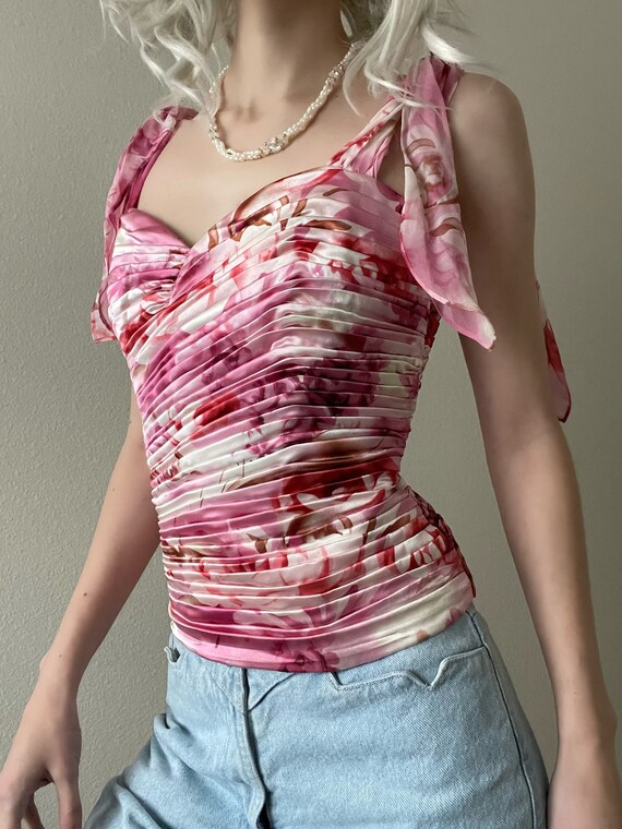 Vintage pleated silk floral bustier top, size S #… - image 2