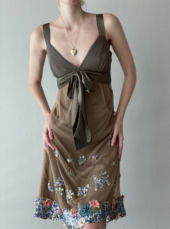 Vintage Y2K Galliano silk dress, mesh beaded overl