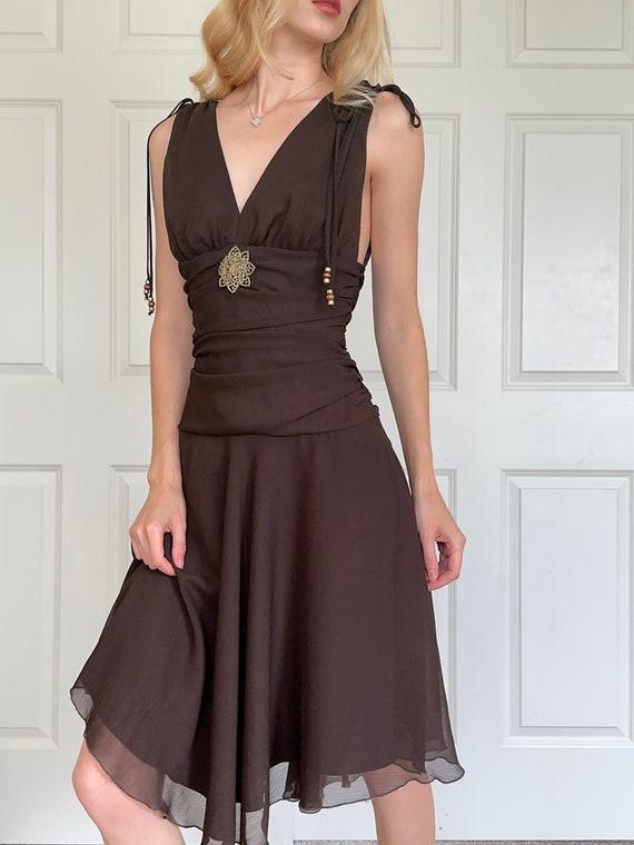 y2k brown fairy dress asymmetric hem, size 6 #1012