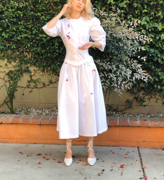 Vintage 80s puff sleeve cotton white dress, Large