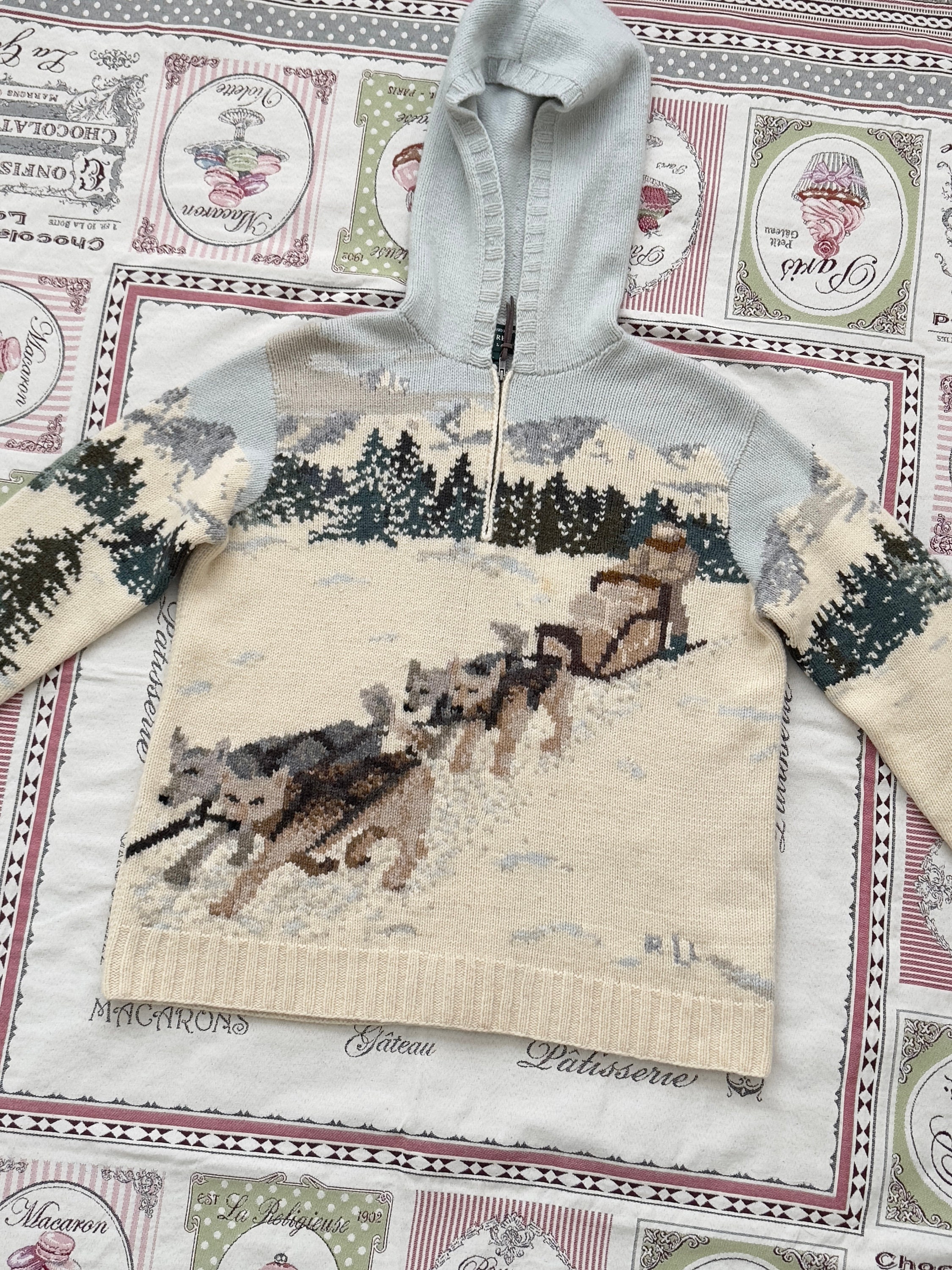 Rare Polo Ralph Lauren Hand Knit Sweater Hooded, Sled Dogs