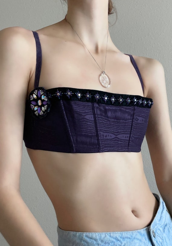 Vintage dark purple crystal embellished boned bra… - image 1