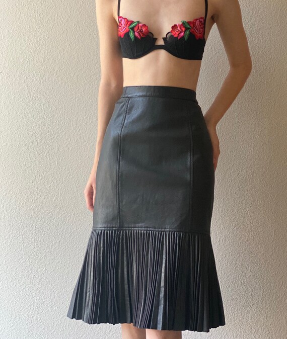 Vintage leather black skirt, midi, pleated, size S