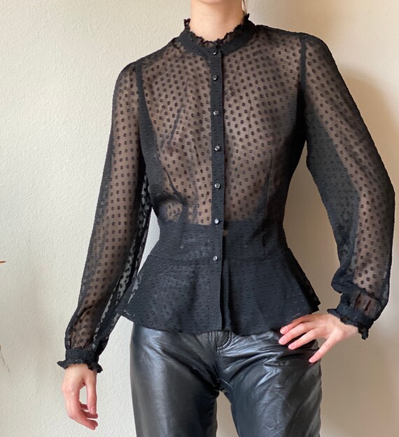 Vintage black sheer polka dot blouse, Small