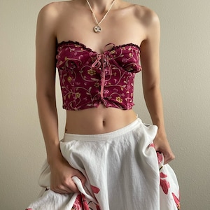 Vintage burgundy floral velvet bustier, corset lacing, cottage core style, size M-L, 36C image 1