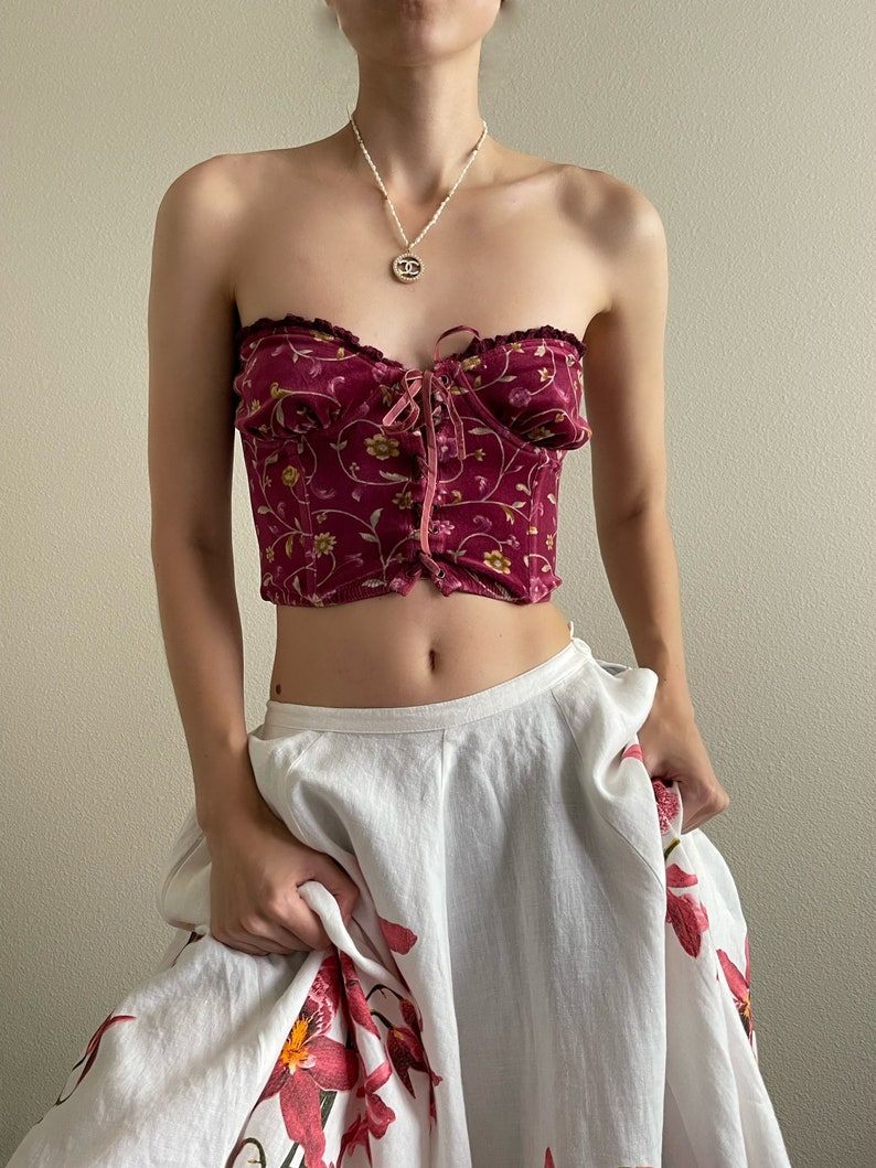 Vintage burgundy floral velvet bustier, corset lacing, cottage core style, size M-L, 36C image 1