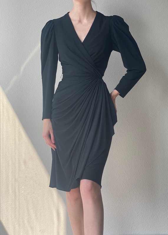 Vintage black wrap dress, puff sleeve small