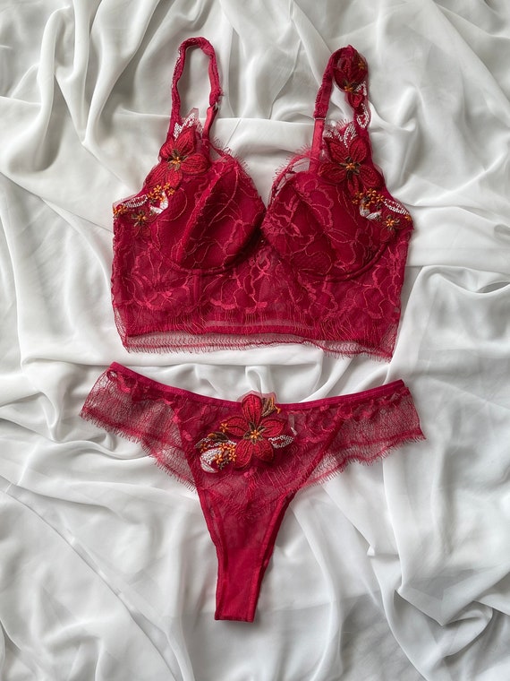 Rare Vintage French Red/fuschia Bustier Panties Set, Ravage, Size 36C, M -   Canada