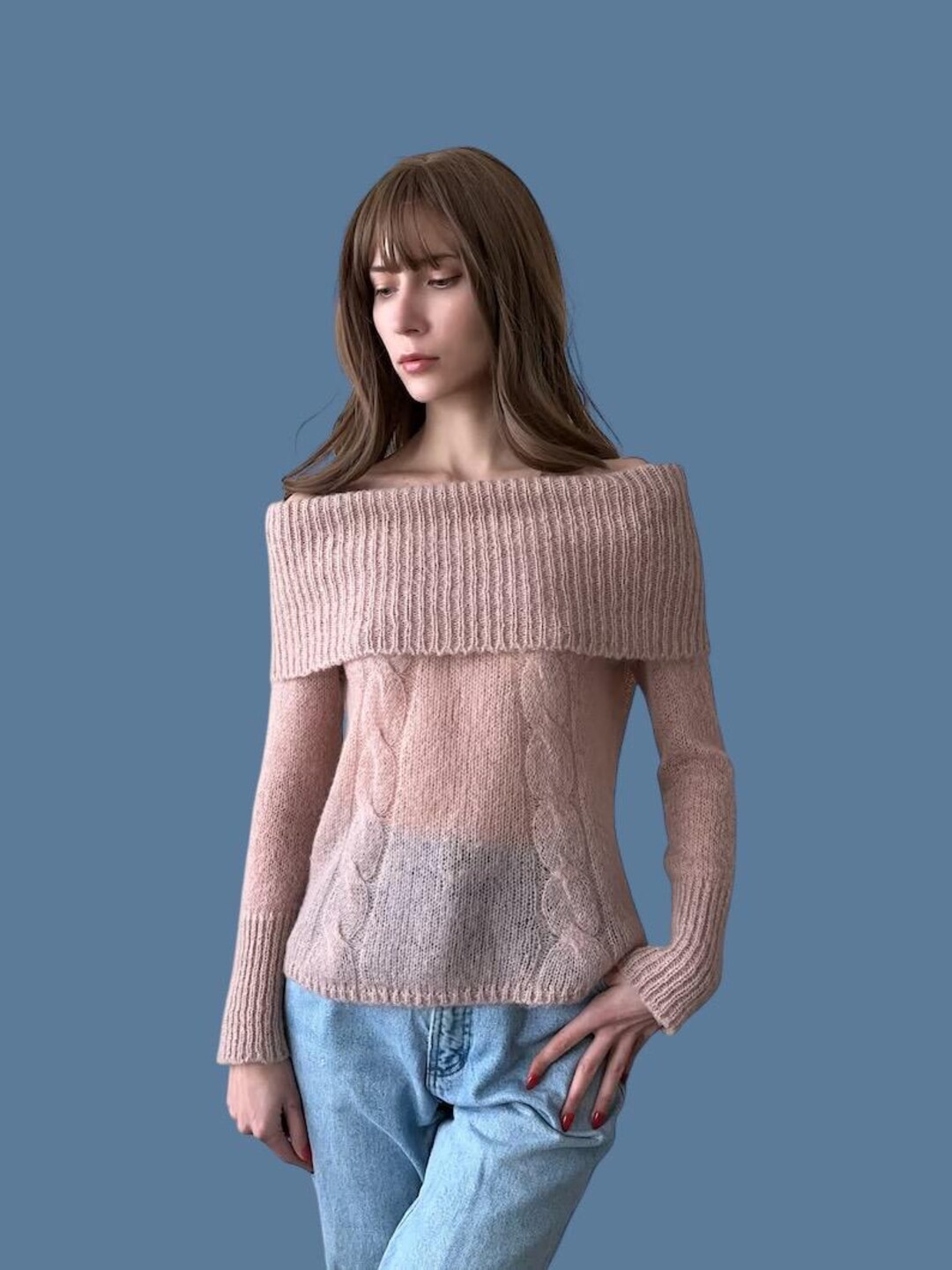 Vintage Light Link Mohair off Shoulder Sweater, Size S - M