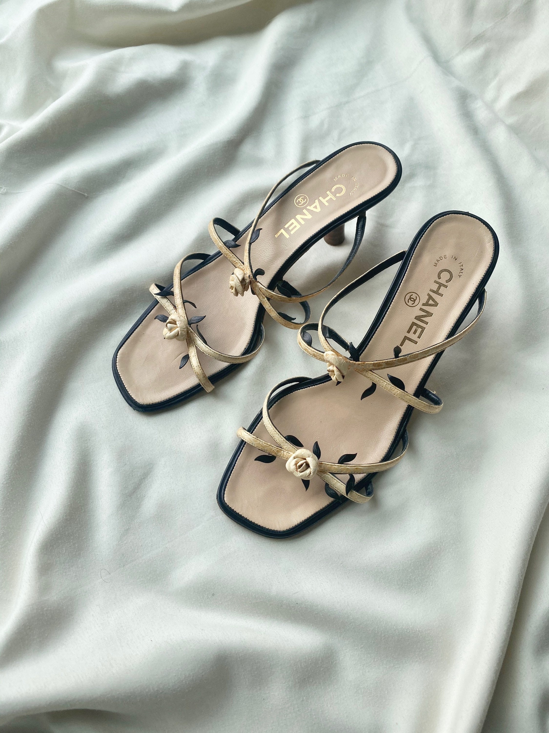 Vintage Chanel Camellia Sandals Slides Size 37.5 Beige and - Etsy