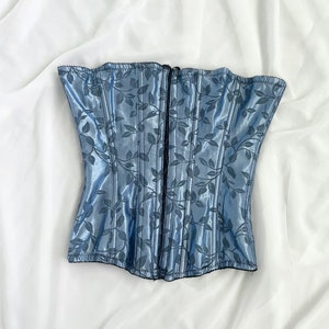 Vintage blue corset leaves motif lace up front, size S- M #10207