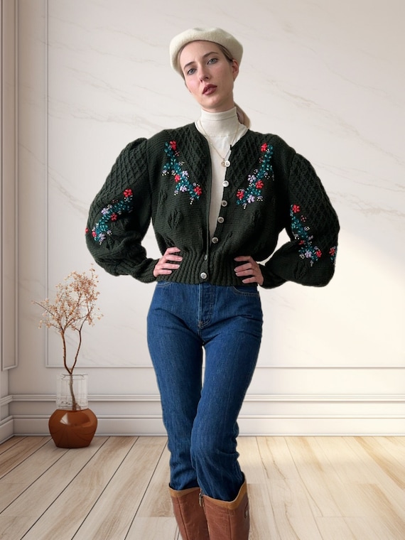 Vintage Austrian Mutton Sleeve Wool Cardigan, Size L #10183