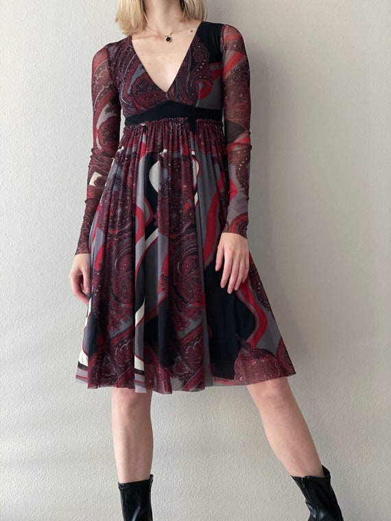 knee length dresses for ladies Jean Paul Gaultier - Women’s Printed Morphing Stripe Long Sleeve Dress