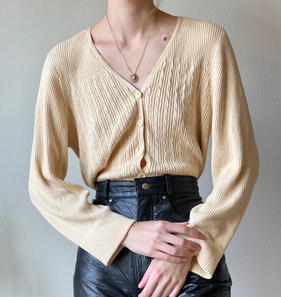 AlizeeGarments Vintage Essential Pale Yellow Cardigan, Silk Blend, Size Large