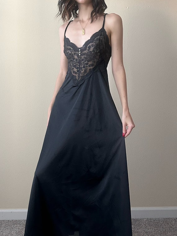 Vintage black lace silky gown, size L - image 2