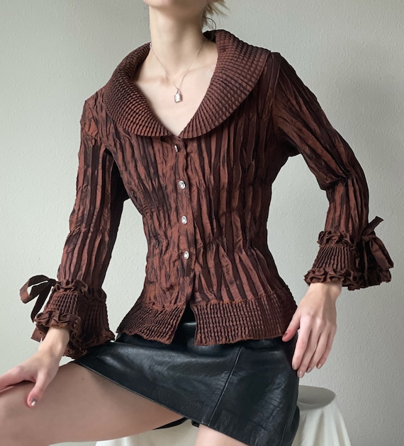 Vintage brown copper plisse blouse, oversized coll