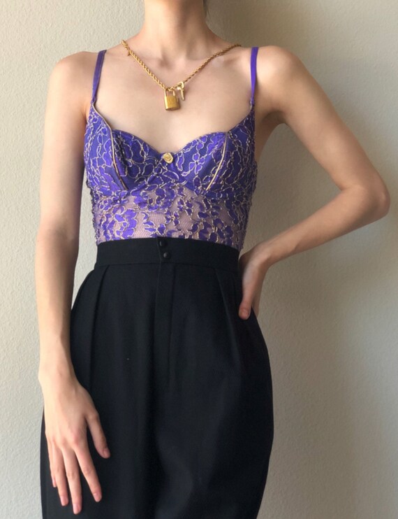 Vintage 80s purple gold bustier body, Size M, 36 B