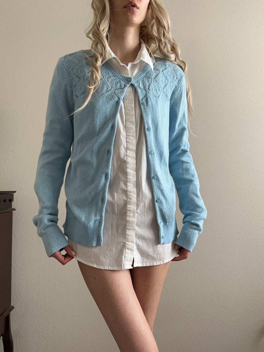 Vintage Baby Blue Knit Cardigan Size SM Etsy