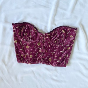 Vintage burgundy floral velvet bustier, corset lacing, cottage core style, size M-L, 36C image 3