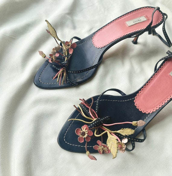 Rare Vintage Prada Floral Details Sandals, Kitten Heels