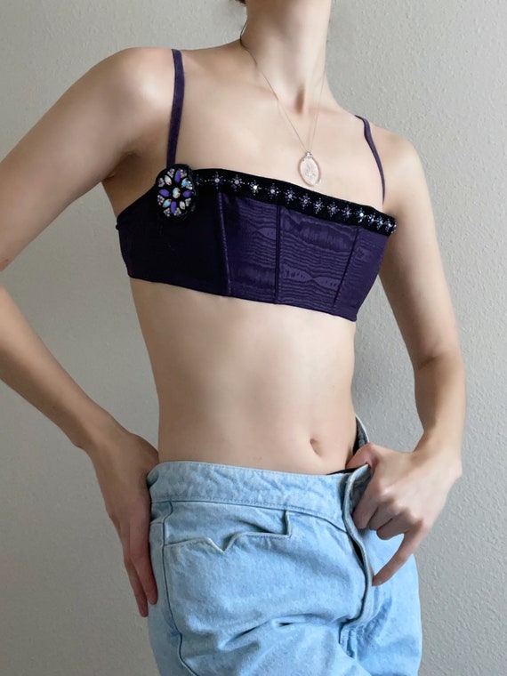 Vintage dark purple crystal embellished boned bra… - image 4