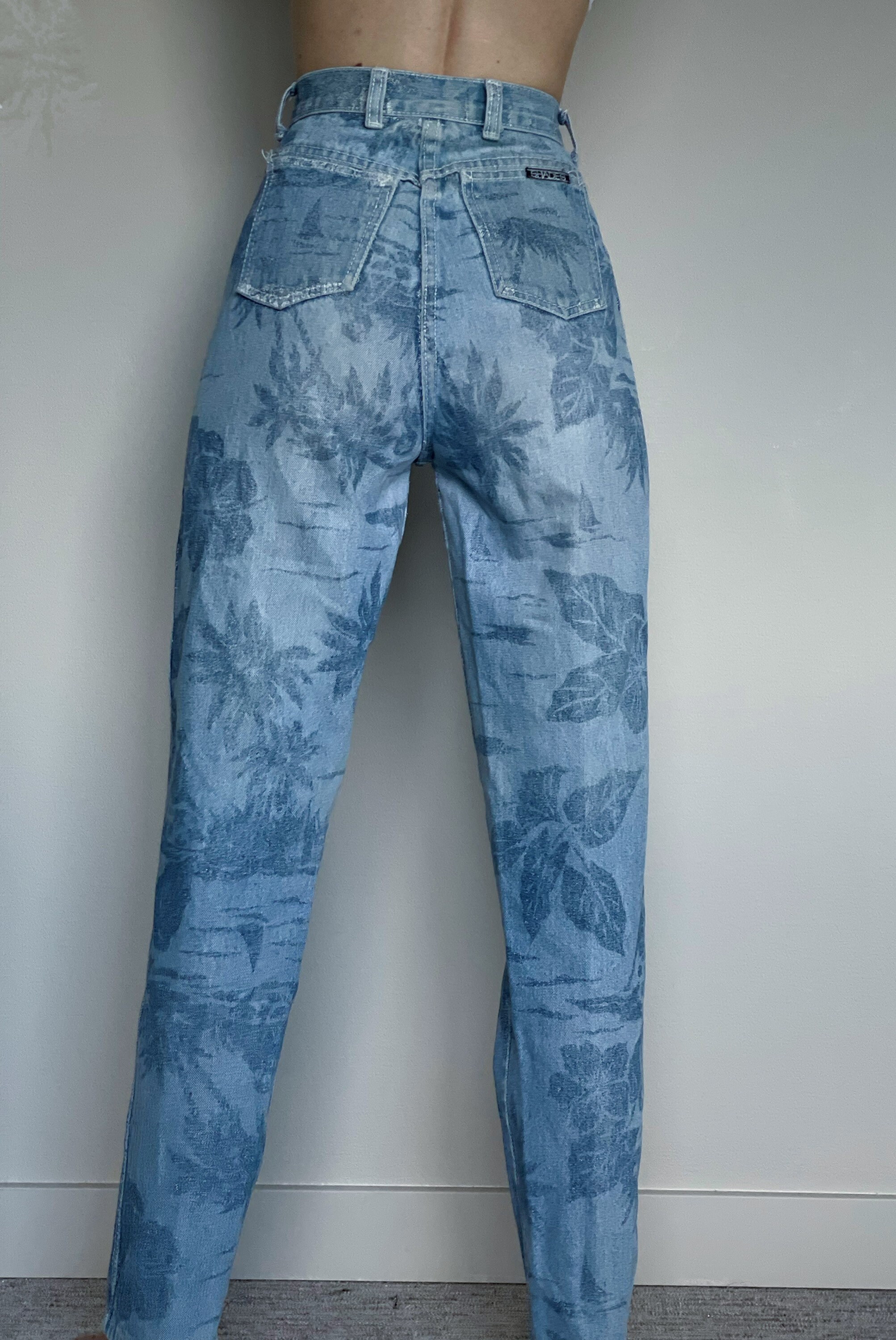 Vintage Blue Floral Jeans High Waist Straight Leg Size 26 Etsy
